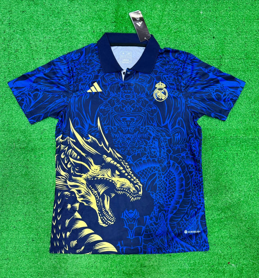 Real Madrid Gold in Blue Dragon Special Edition Fan Version Football Jersey